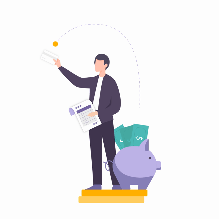 Illustration of man holding invoice, with credit card helping to generate more cash into bank Illustration of man holding invoice, with credit card helping to generate more cash into bank