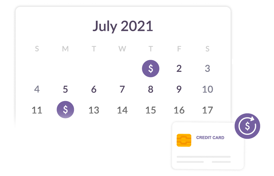 2021 Calendar indicating recurring payments scheduled on credit card