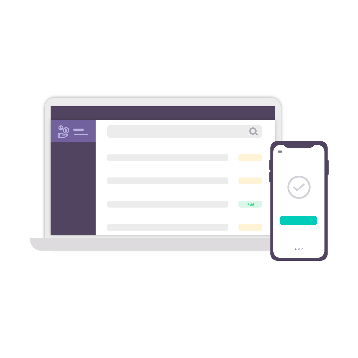Payment dashboard viewed through laptop, payment made page viewed through phone Payment dashboard viewed through laptop, payment made page viewed through phone