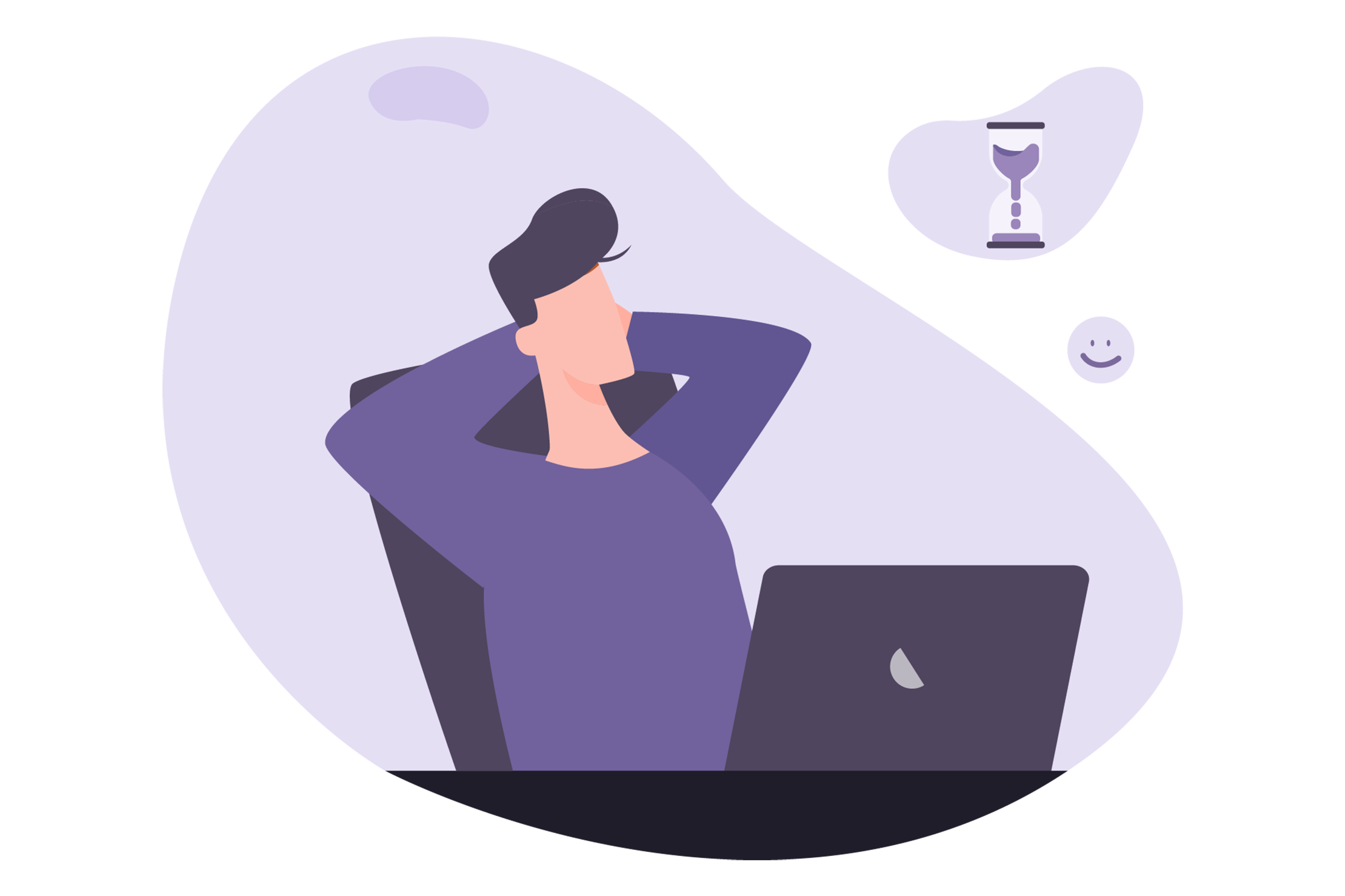 Purple blobbed illustration of man relaxing at work as he saves time through digitising payments