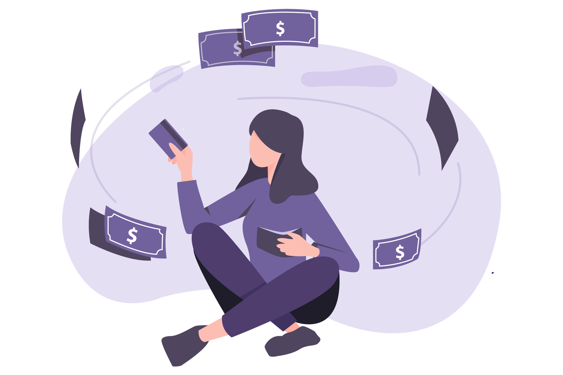 Illustration of woman holding credit card and wallet, enjoying cash flowing freely