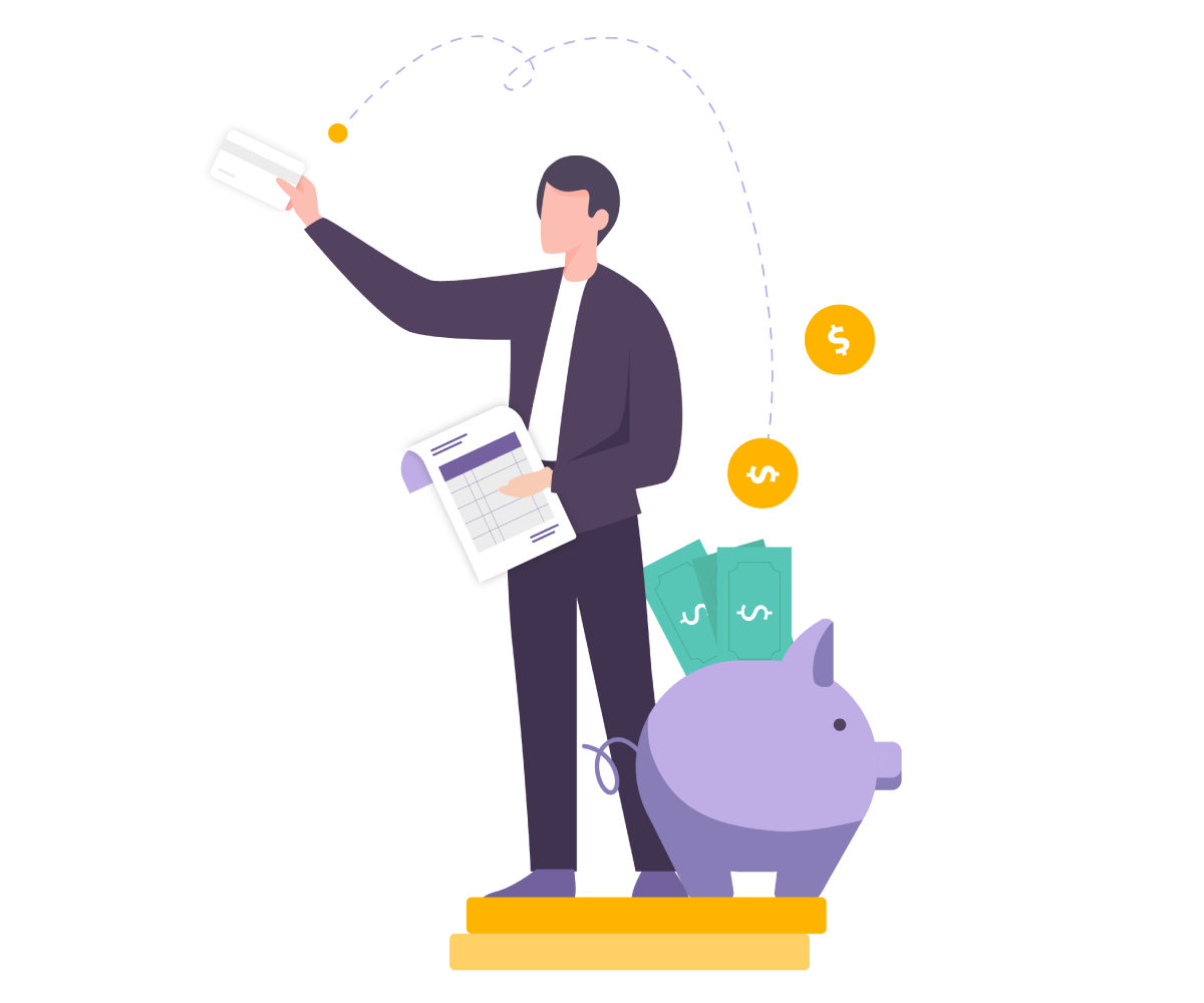 Illustration of man holding invoice, with credit card helping to generate more cash into bank