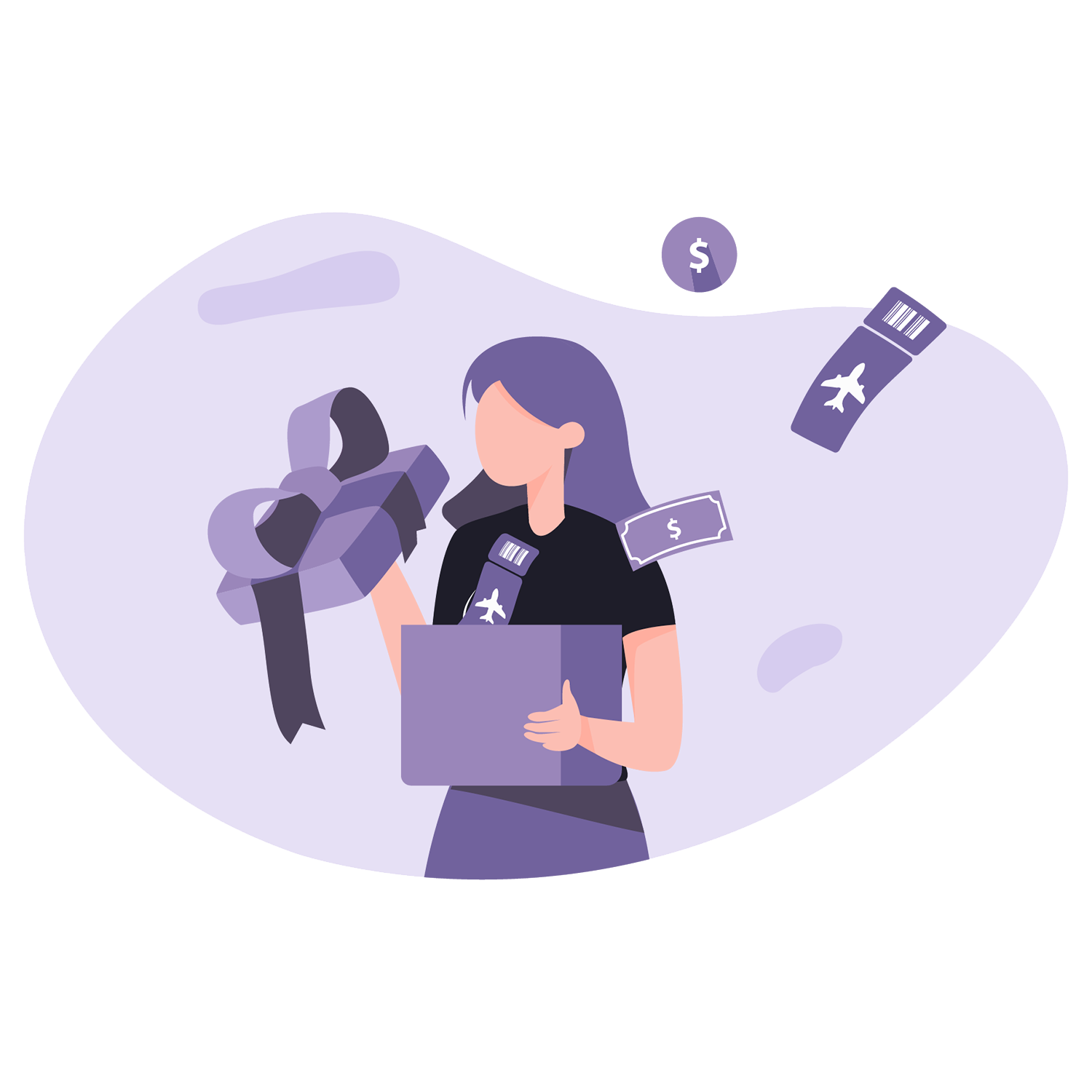 Illustration of girl opening box of unlimited rewards, coins and air travel tickets