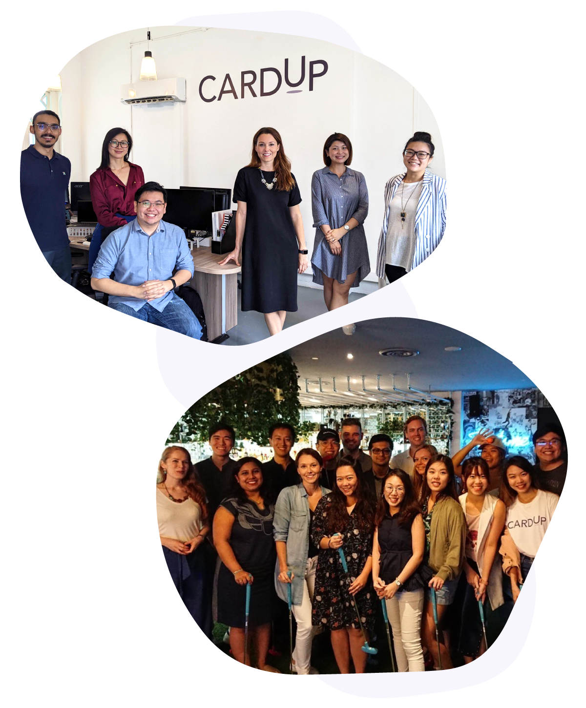 Image of CardUp team in the office and during team bonding day