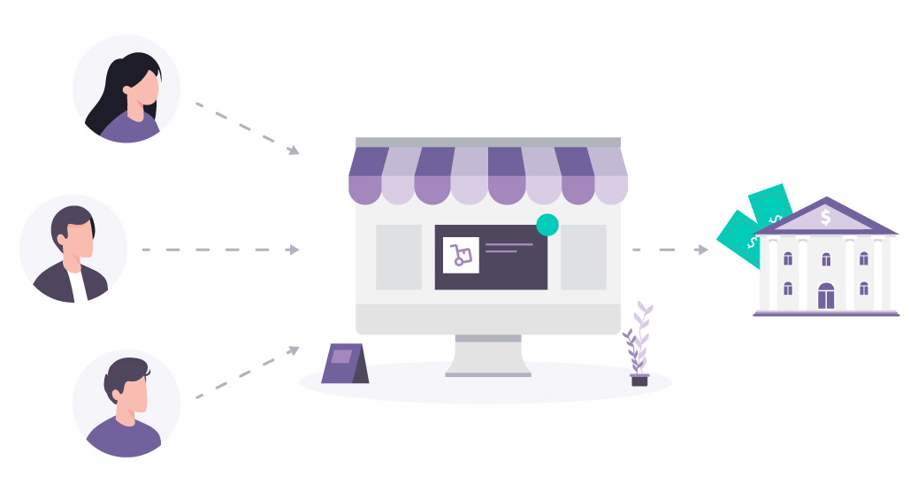 Illustration of customers making payment to business and funds get deposited directly into business bank account