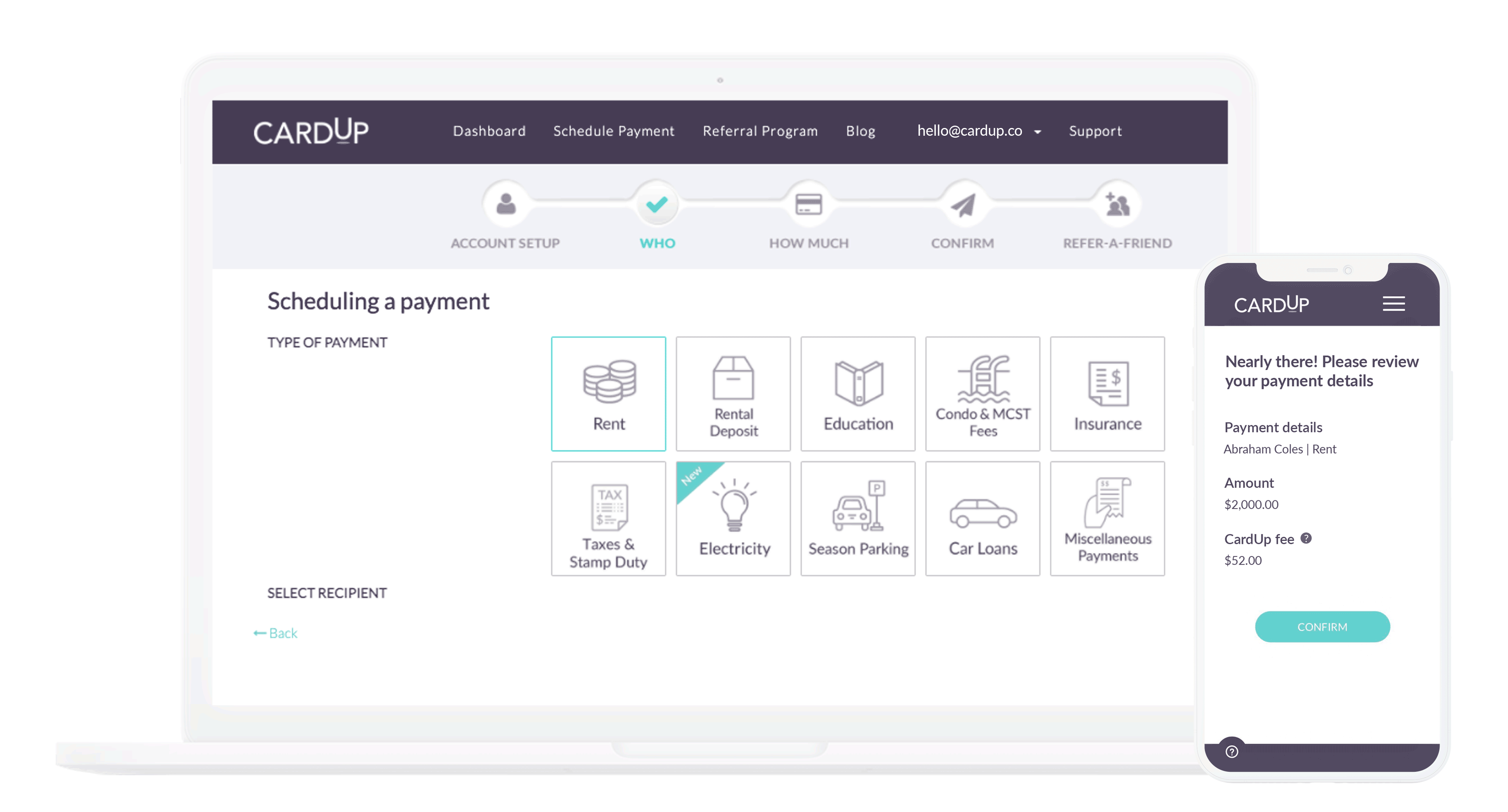 Schedule a payment through CardUp on your laptop, mobile, or any device